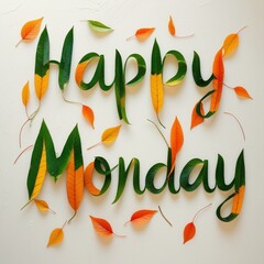 word "Happy Monday" written with leaves. Monday vibes.