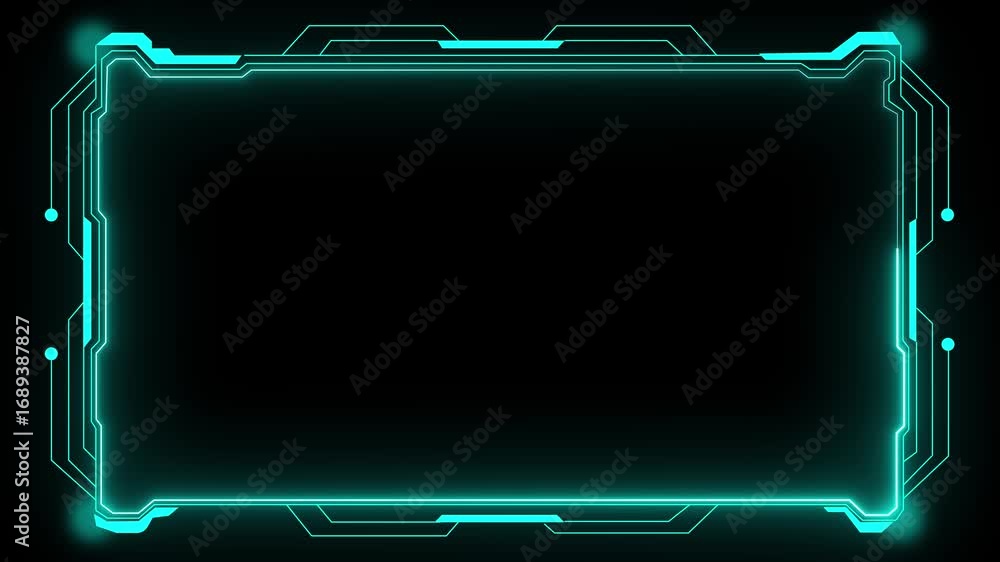 Poster futuristic cyan glowing h u d frame border with circuit board elements on black background. futurist