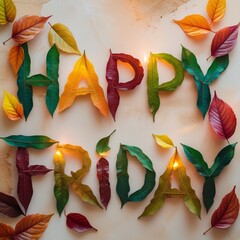 word "Happy Friday" written with leaves. Monday vibes.