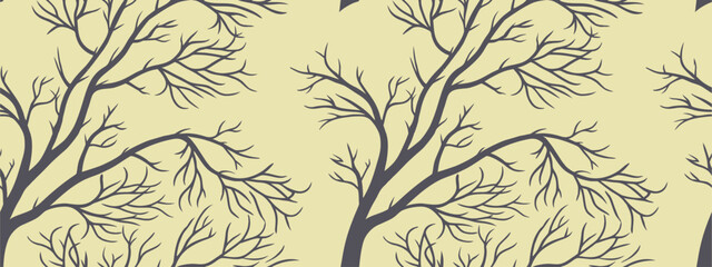 Seamless tree branch pattern with elegant silhouette design in dark outline style on beige background. Perfect for wallpaper, fabric, and wrapping decoration. Modern natural vector artwork.