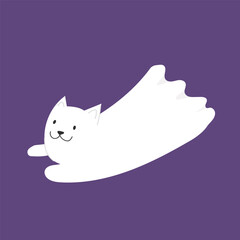 A cute illustration of a flying ghost cat on a purple background. Fun Halloween character.