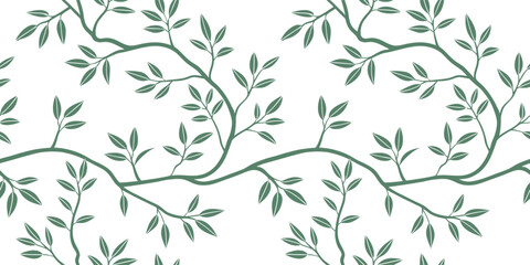 Seamless pattern with elegant leafy branches in a natural line art style. Decorative botanical design perfect for fabric, wallpaper, and eco packaging. Minimal nature background for creative projects.