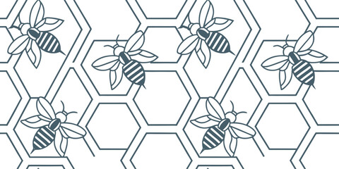 Seamless bee and honeycomb geometric pattern with elegant outline design. Perfect for textiles, packaging, wallpaper, and eco-themed art. Modern vector nature background.