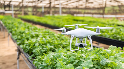 Drone Hovering Over Green Crops in a Controlled Agricultural Environment