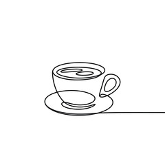 Minimalist line art drawing of a coffee cup and saucer