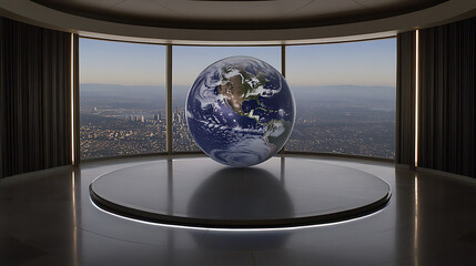 Globe on Display in Modern Room with Cityscape View