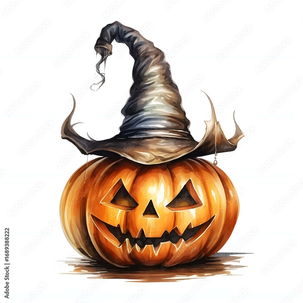 Poster a carved pumpkin with a triangular smile and glowing eyes wears a pointed witch's hat with drips; it