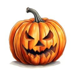 A digitally painted illustration shows a round orange pumpkin with a carved scary face, set against a white background.