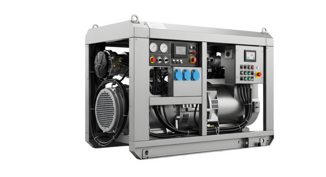 Portable diesel generator isolated on transparent background for emergency power supply