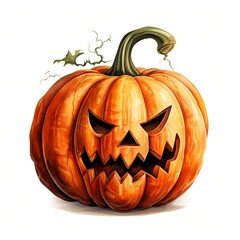 A digitally painted illustration shows a detailed, carved Halloween pumpkin with an angry expression on a white background.