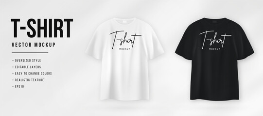 T-shirt mockup in white and black colors. Realistic t-shirt with short sleeves and in oversized style. Realistic blank t-shirt template with empty space for design. Vector