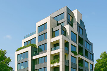 Contemporary Apartment Building with Geometric Facade and Greenery graphic design isolated on a transparent background