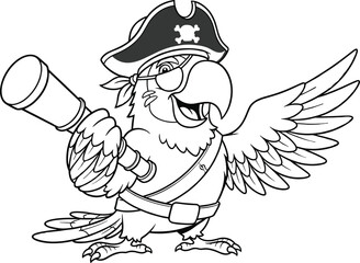 Cartoon pirate parrot waving with telescope, cheerful green bird in costume for kids adventure, storytelling, branding, and vector illustration use