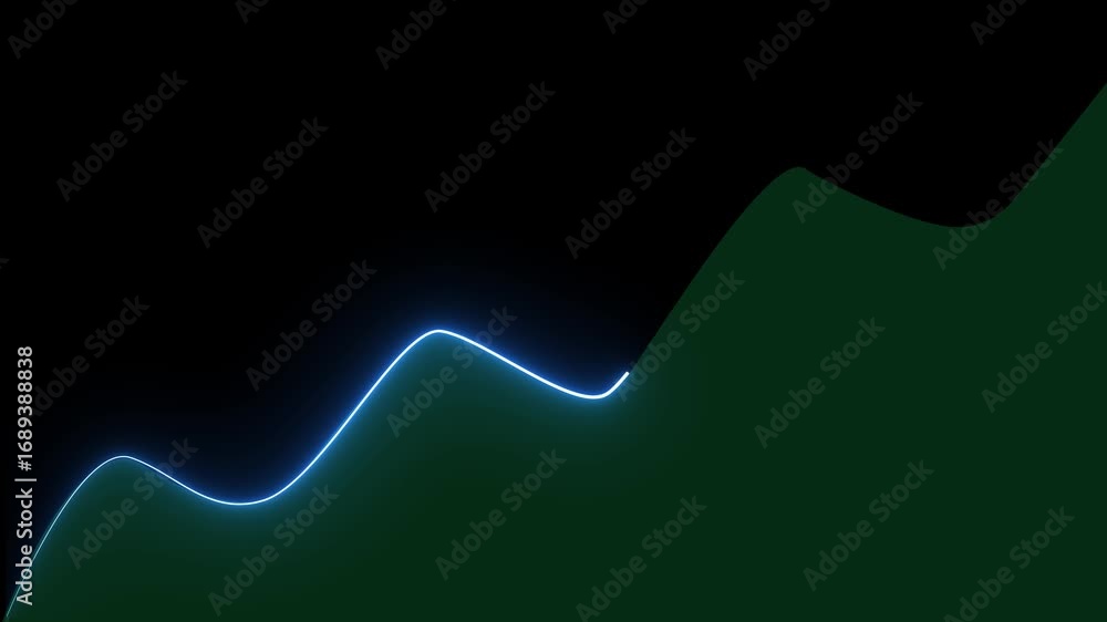 Poster abstract glowing neon blue line graph rising on dark green background representing financial. digita
