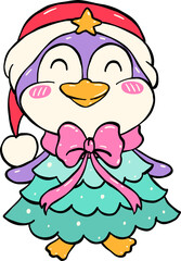 Cartoon Penguin Character Wearing Christmas Outfit