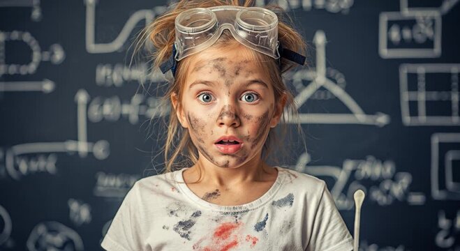 A young child with messy hair, dirty face, and safety goggles looks with wide eyed surprise during a science experiment.