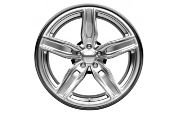 Chrome five spoke car wheel rim automotive part auto vehicle accessory design style tuning performance isolated on transparent background