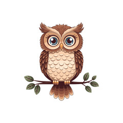 Cute Brown Owl Sitting on Branch Vector Illustration – Cartoon Bird Mascot for Children, Nature, and Education Design
