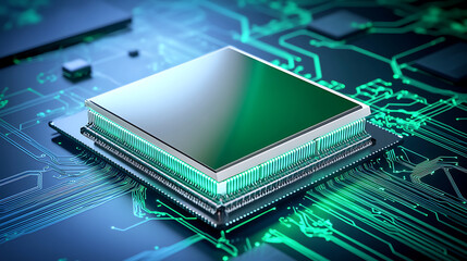 Advanced Microprocessor on Circuit Board with Green Illumination