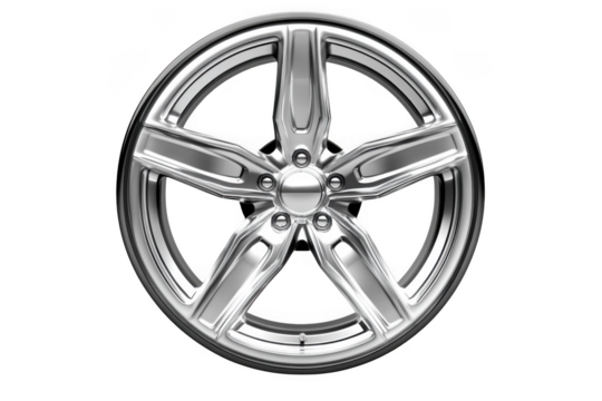 Chrome five spoke car wheel rim automotive part auto vehicle accessory design style tuning performance isolated on transparent background