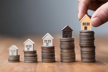 house model set with money coins saving for concept investment mortgage finance and home loan refinance