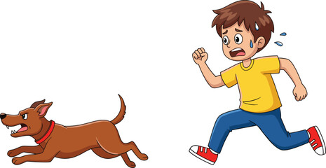 Cartoon boy running scared from aggressive dog, dynamic chase scene with emotion, humor, and action for kids, story, or branding use
