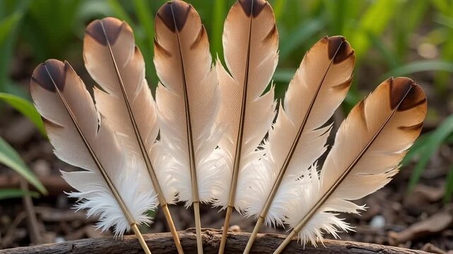 Delicate bird feathers arranged in a fan shape on a forest floor, evoking nature's beauty.