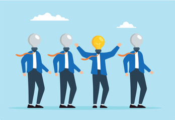 Flat illustration four businessman with lightbulb head one glowing symbolizing uniqueness and leadership
