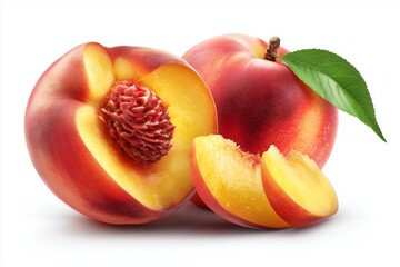 Fresh ripe peach whole half and sliced isolated on white background