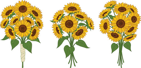 Bright sunflower bouquet illustrations, yellow flowers with green leaves, hand-tied floral arrangement, summer garden flowers, vibrant petals, natural beauty, seasonal blossoms