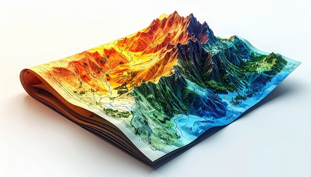 Conceptual 3D illustration of a mountain landscape on a layered topographical map with a vibrant thermal color gradient