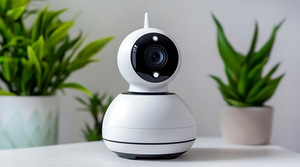 Modern Smart Security Camera on Table with Green Plants