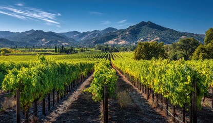 Naklejka premium Vineyard rows stretch toward a mountain range under a bright blue sky. Lush green grapevines line the rows, creating a picturesque landscape