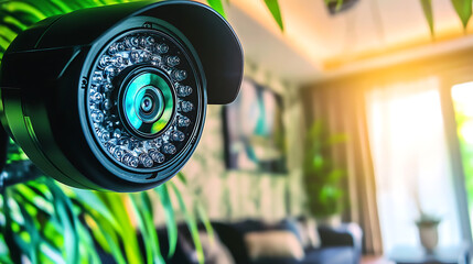 Security Camera Monitoring a Bright, Plant-Filled Living Room