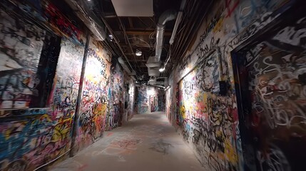 Abandoned Industrial Hallway with Graffiti: Urban Street Art and Creative Expression in Perspective View – Vibrant Colors, Textured Surfaces, and Eclectic Modern Artistry