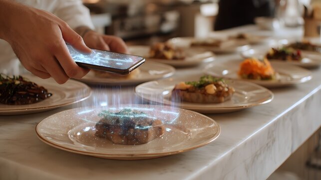 Chef Uses Smartphone and Tablet for Modern Dining and Technology in Cuisine, Focusing on Food Presentation, Digital Menu, Gastronomy, and Interactive Food Experience