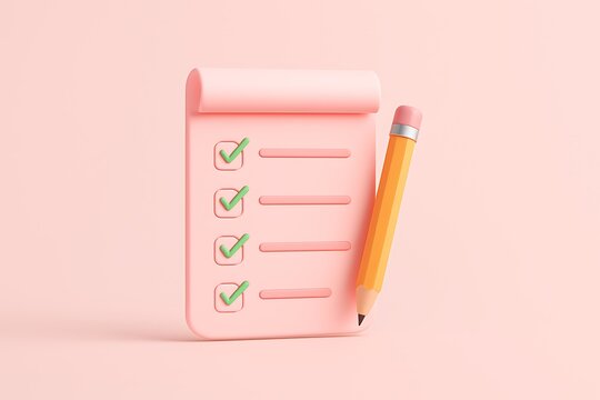 Minimalist 3d render of a pink notepad with a pencil and checkmarks for task management