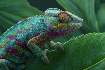 Obraz premium A colorful green iguana reptile with exotic scales and eyes is perched on a branch in the wild nature
