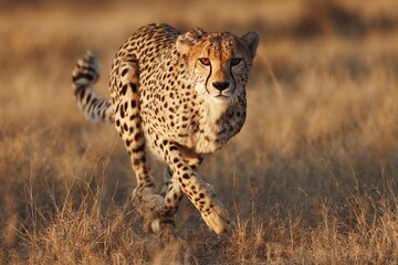 Naklejka premium Fast wildlife predator cheetah (Acinonyx jubatus), a sleek big cat mammal feline hunter, stalks the grass of the Serengeti National Park savannah