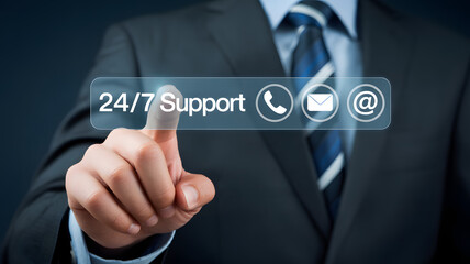 Digital Support: A business professional in a dark suit, his finger poised to activate an interactive icon emphasizing the crucial need for constant customer support in a dynamic commercial landscape.