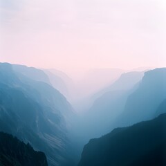 Fototapeta premium Serene Blue Mountain Valley Landscape Haze Dawn