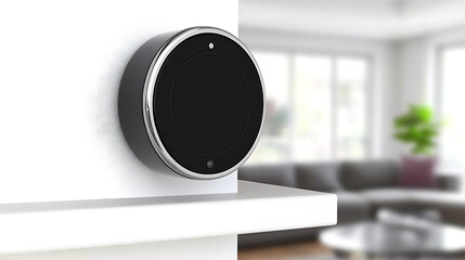 Circular Smart Device Mounted on Shelf in Modern Living Room