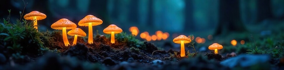 Magical, bioluminescent fungi illuminate a dark forest floor with an ethereal glow, creating a mystical scene of nature's hidden light , glow, enchanted, fairy