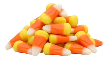 A pile of candy corn, a popular halloween treat, isolated on a transparent background