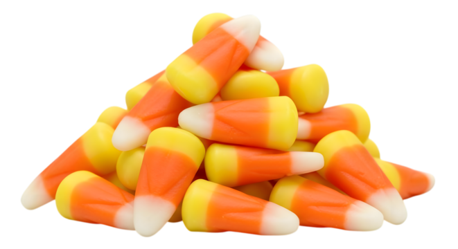 A pile of candy corn, a popular halloween treat, isolated on a transparent background