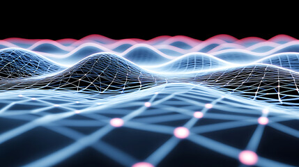 Abstract Digital Landscape with Wavy Patterns and Connected Nodes