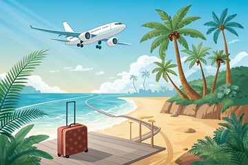 Airplane flying over tropical beach with suitcase ready for vacation