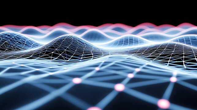 Abstract Digital Landscape with Wavy Patterns and Connected Nodes