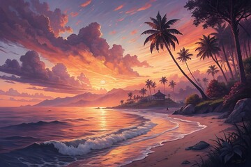 Vibrant tropical beach sunset with palm trees and ocean waves