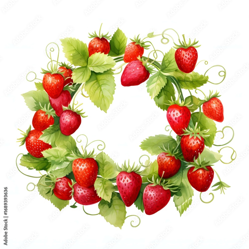 Poster the illustration shows a wreath of ripe red strawberries with green leaves and vines, creating a cir